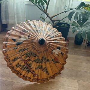 Vintage Hand Painted wooden umbrella - Asian Parasol with Crane Design